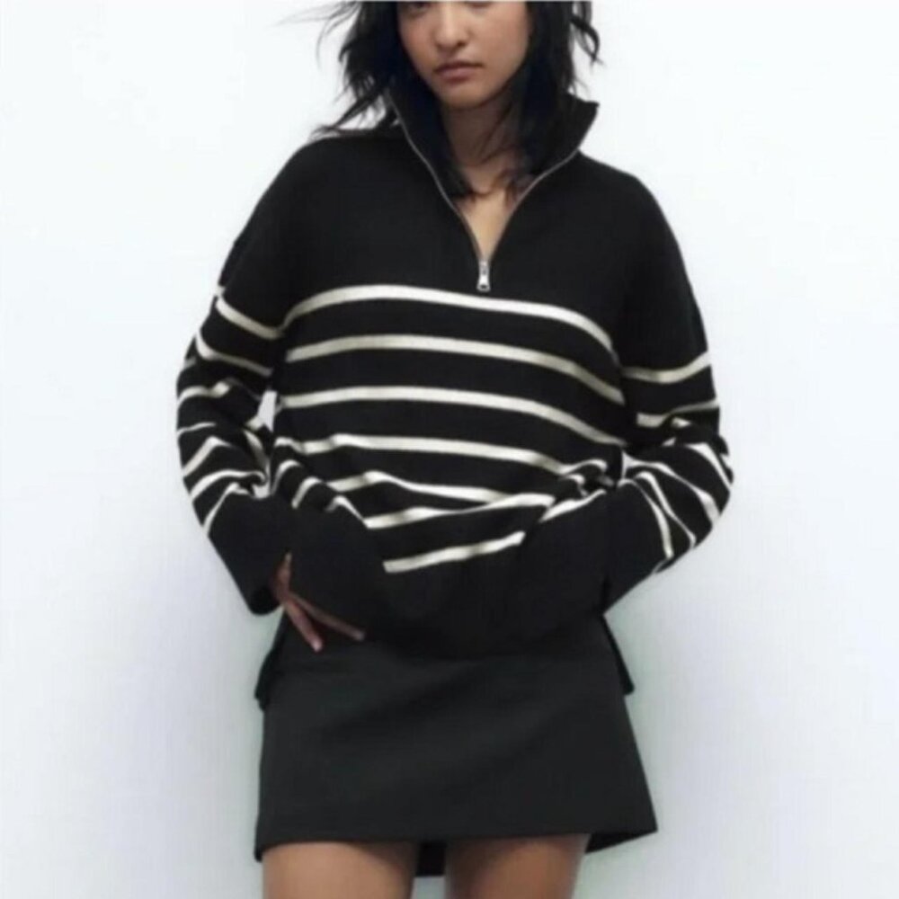 Zara Sweater Quarter Zip in Black and White Stripes size S